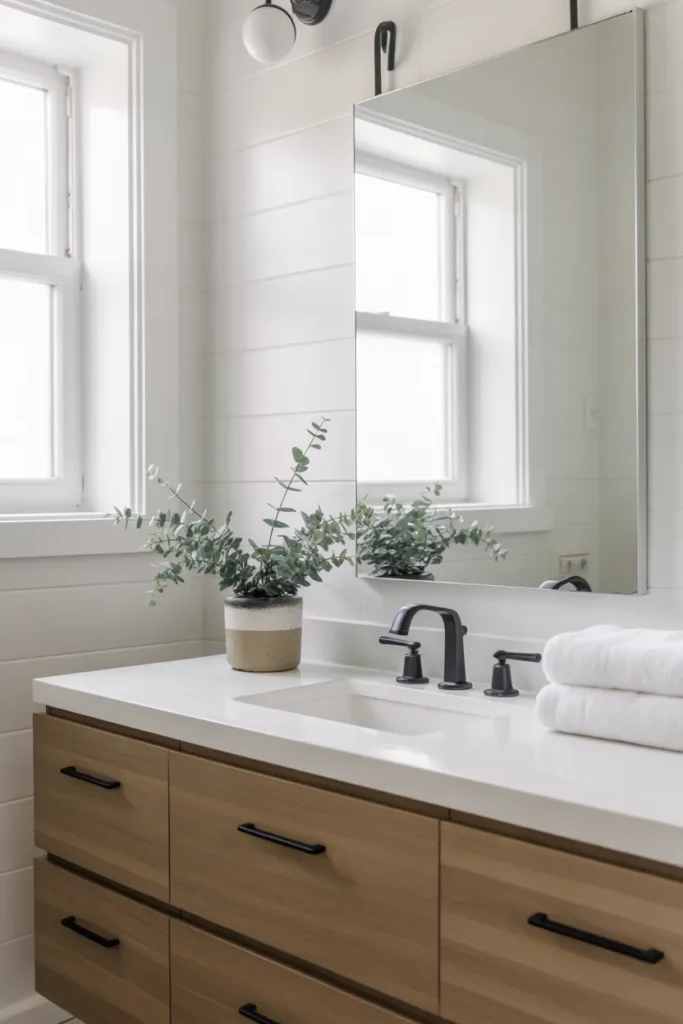Minimalist White and Wood Bathroom