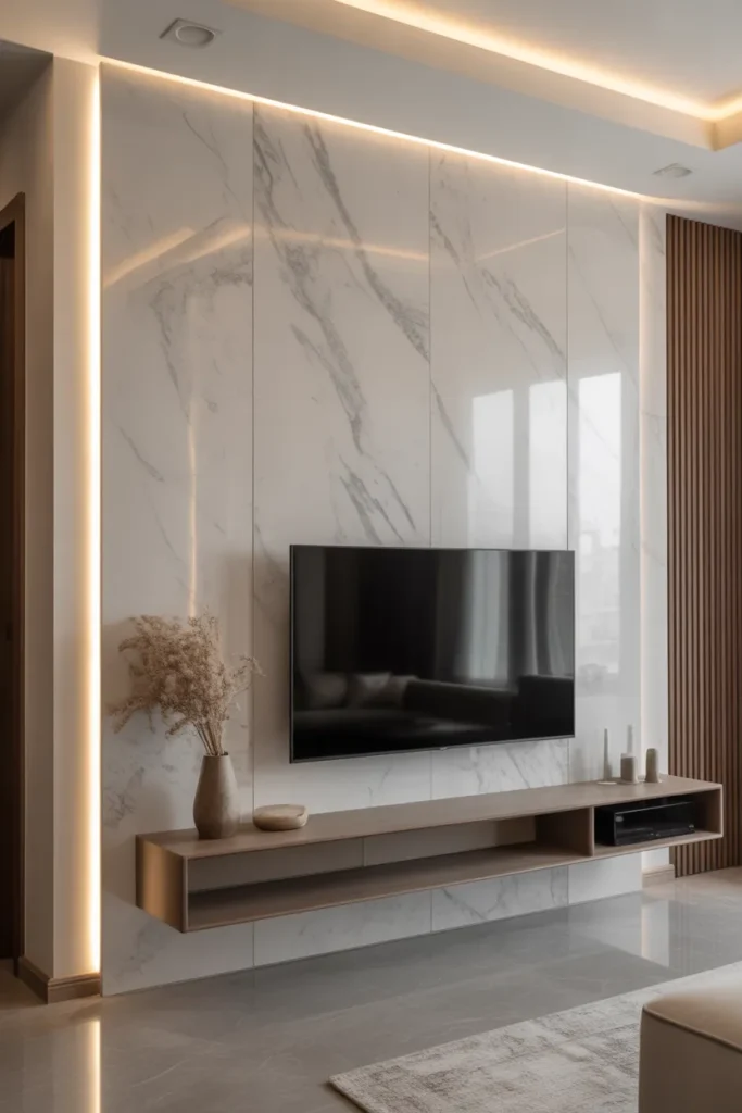 Modern Marble TV Wall with Floating Console