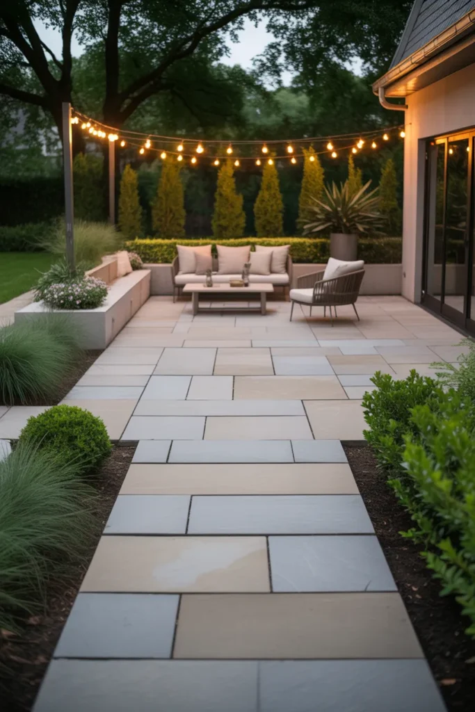 Modern Stone Patio with Layered Greenery
