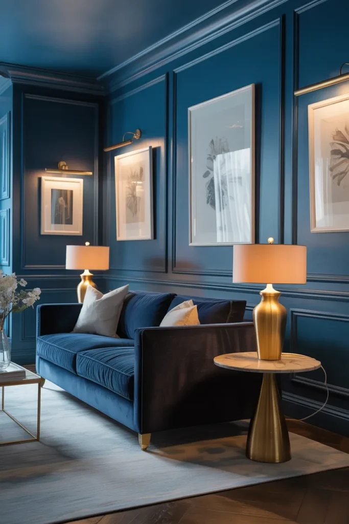 Moody Navy Blue Color Drenched Living Room