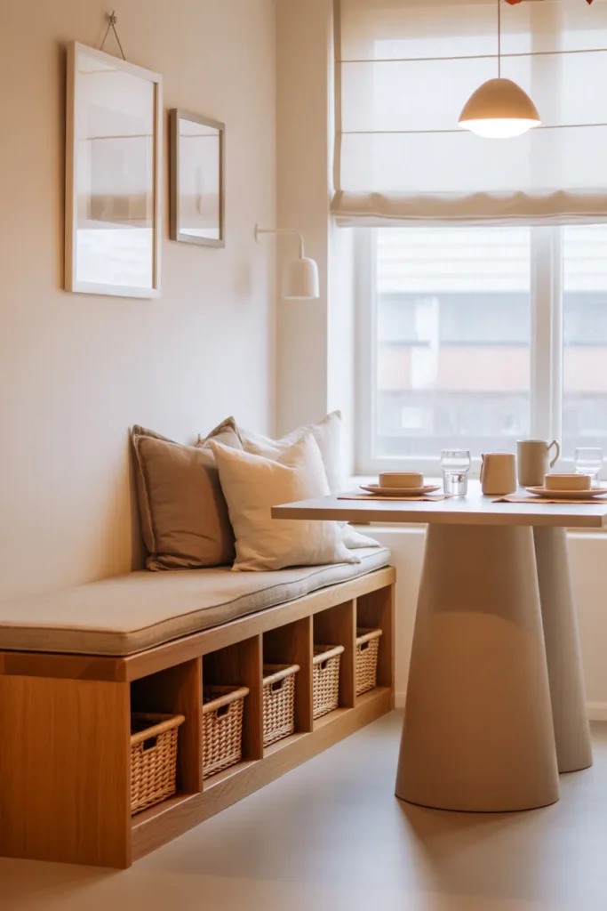 Natural Wood Bench with Woven Basket Storage