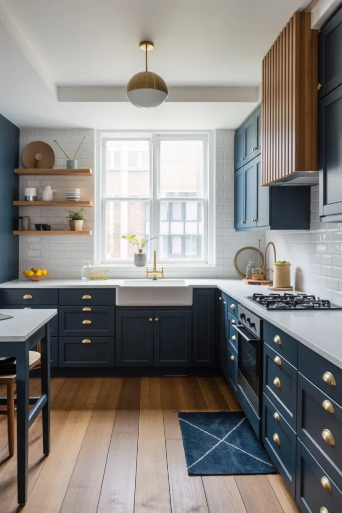 Navy Blue Cabinets with White Countertops