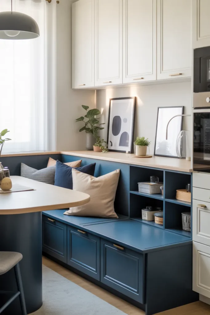 Navy Blue Storage Bench with Open Cubby Shelves