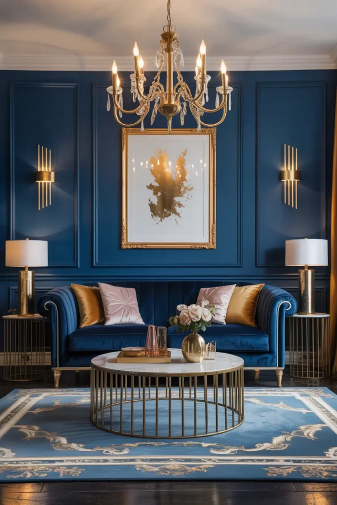 Navy Blue and Gold Accent Living Room