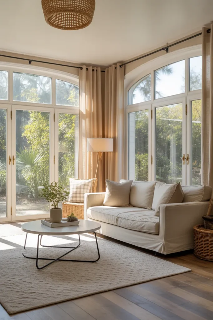 Neutral Beige Curtains for a Calm Sunroom Look