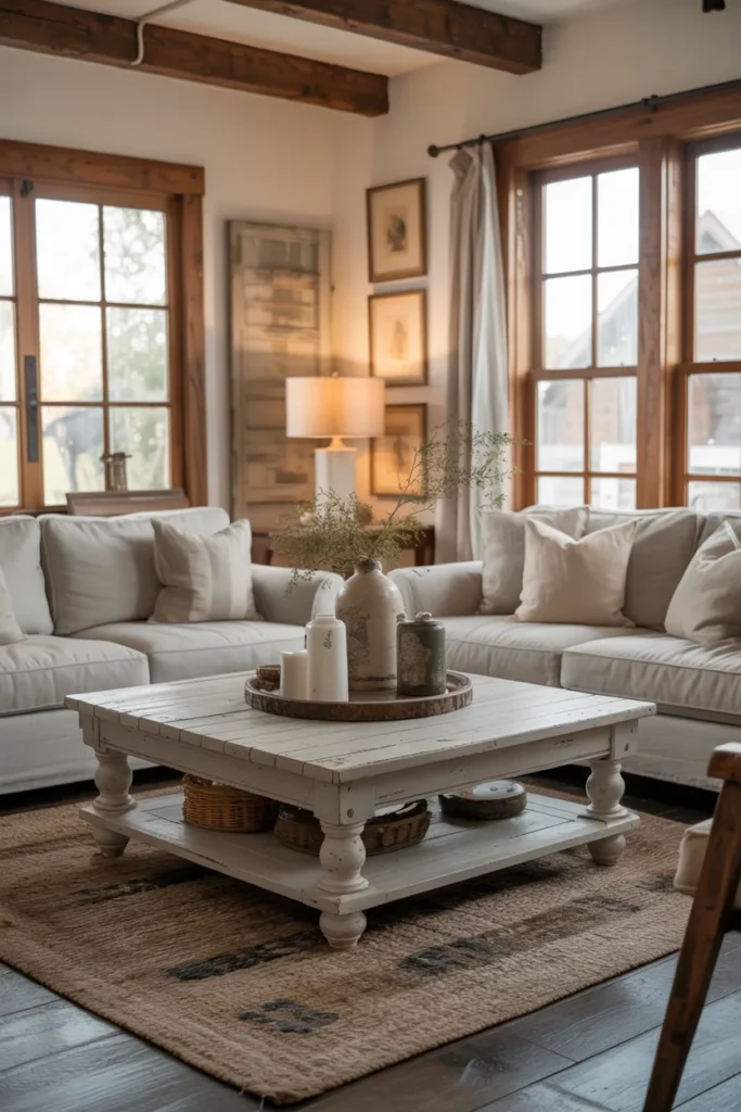 Neutral Linen Sofas with Wooden Coffee Table
