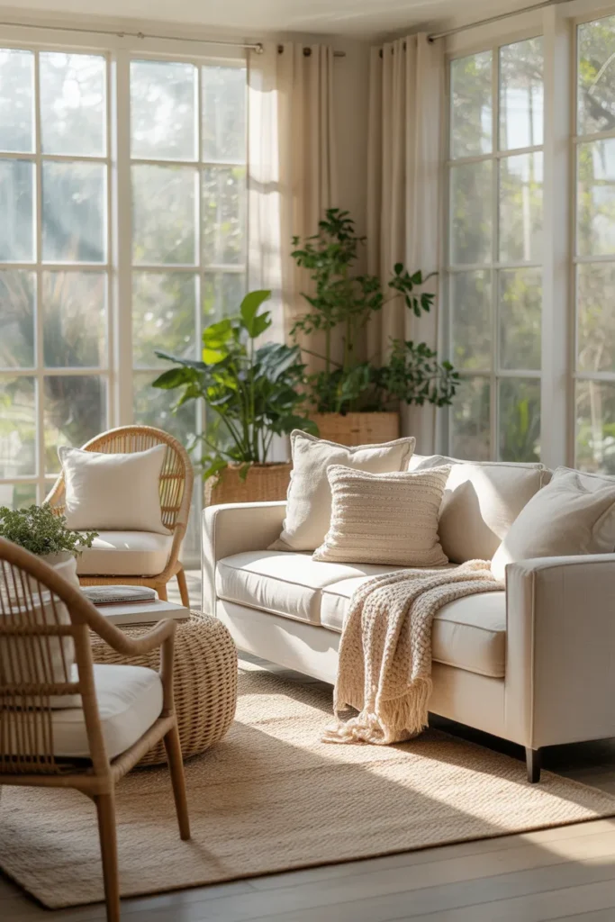 Neutral Linen Sunroom with Woven Accents