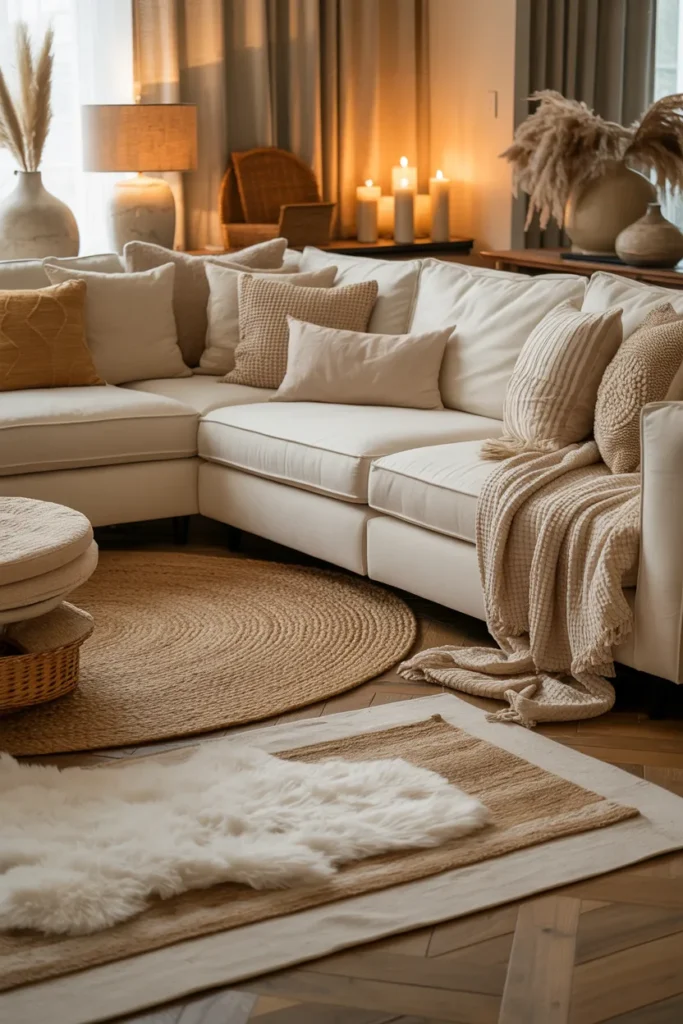 Neutral Living Room with Cozy Layered Rugs