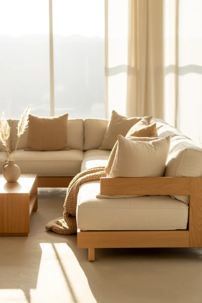 Neutral Living Room with Light Wood Furniture