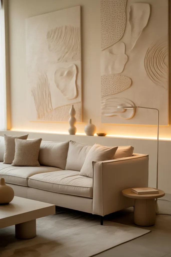 Neutral Living Room with Textured Wall Art
