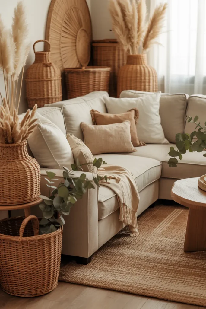 Neutral Living Room with Woven Decor Accents