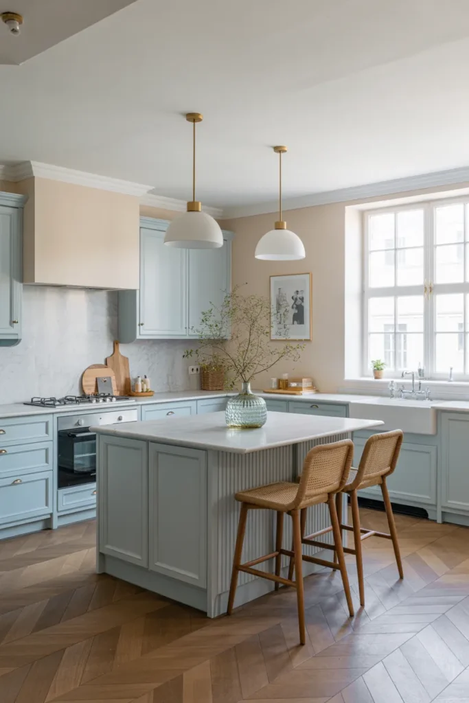 Powder Blue Cabinets with Marble Island
