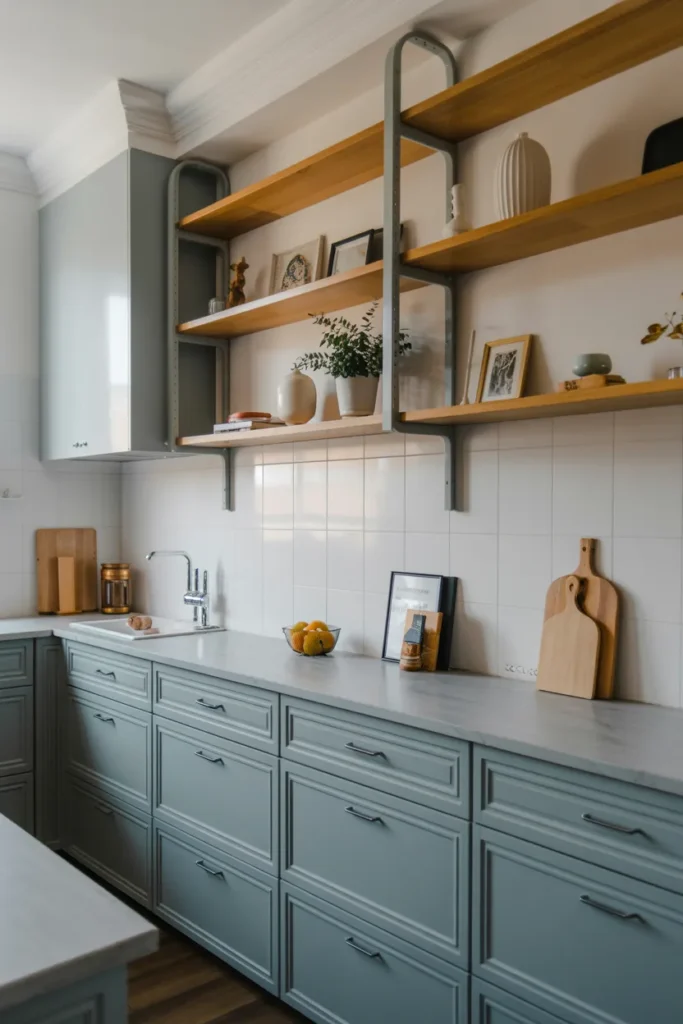 Powder Blue Cabinets with Oak Accents
