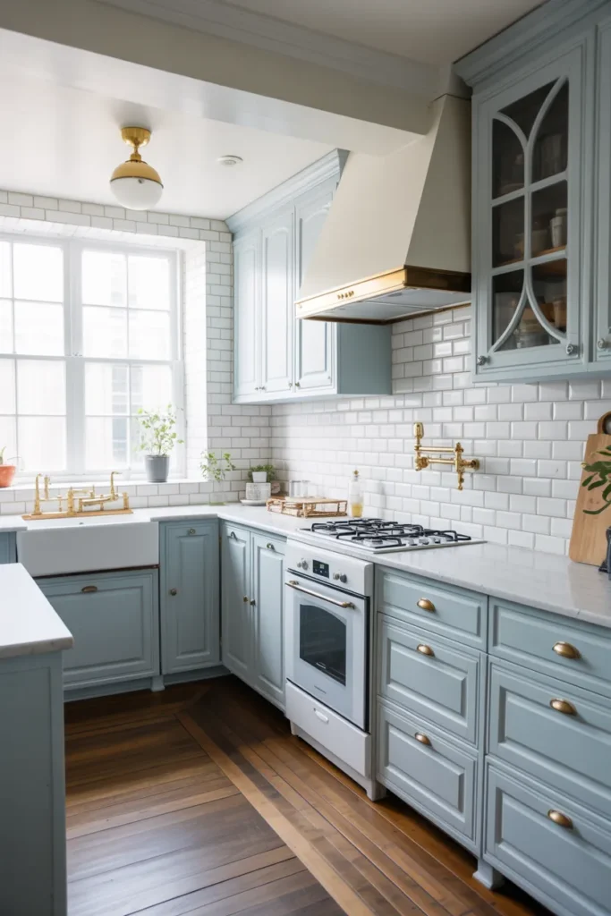 Powder Blue Cabinets with White Subway Tile