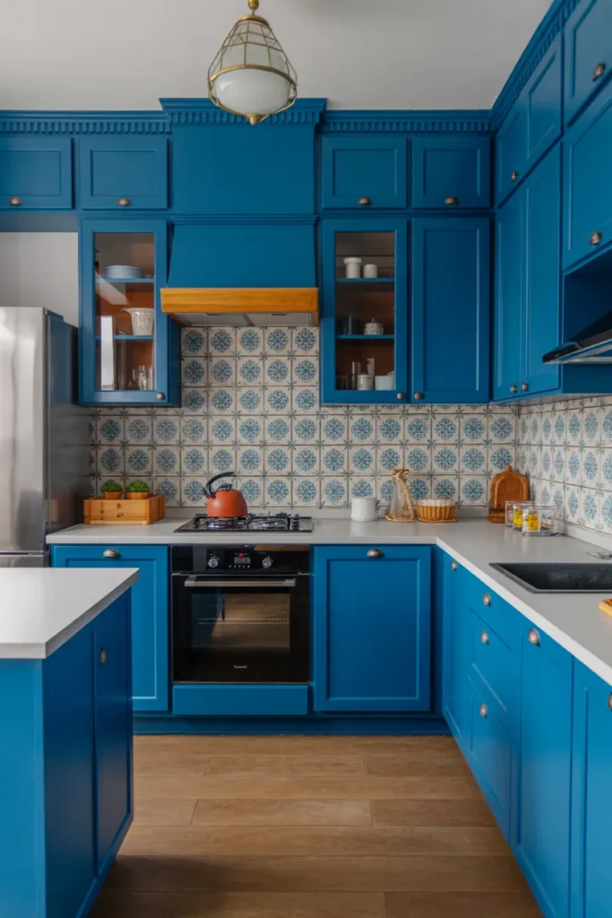 Royal Blue Cabinets with Patterned Backsplash