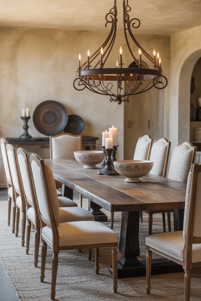 Rustic Dining Room with Wrought Iron Lighting
