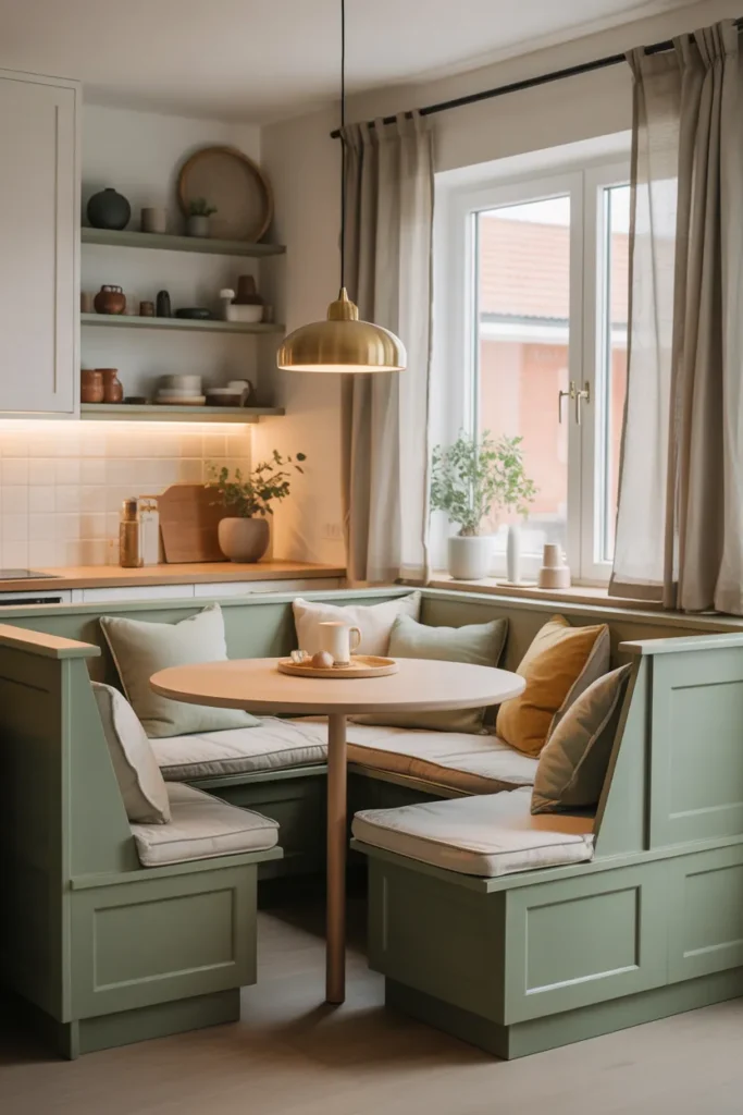 Sage Green Corner Banquette with Lift-Up Storage