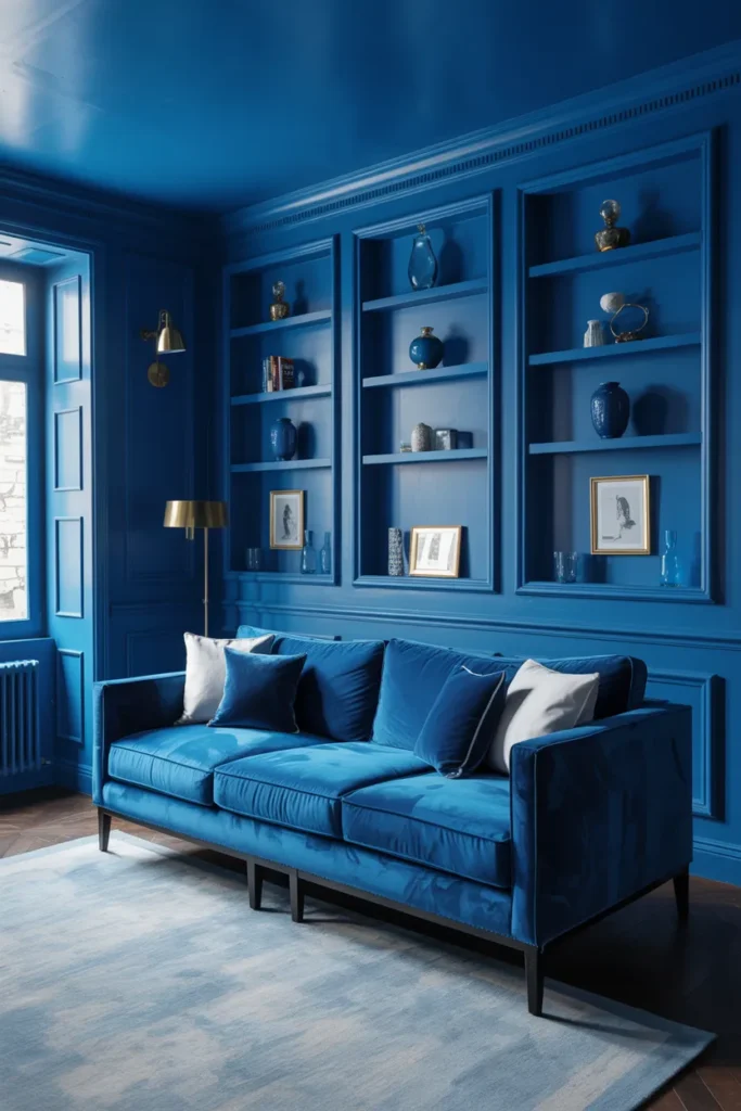 Sapphire Blue Color Drenched Living Room