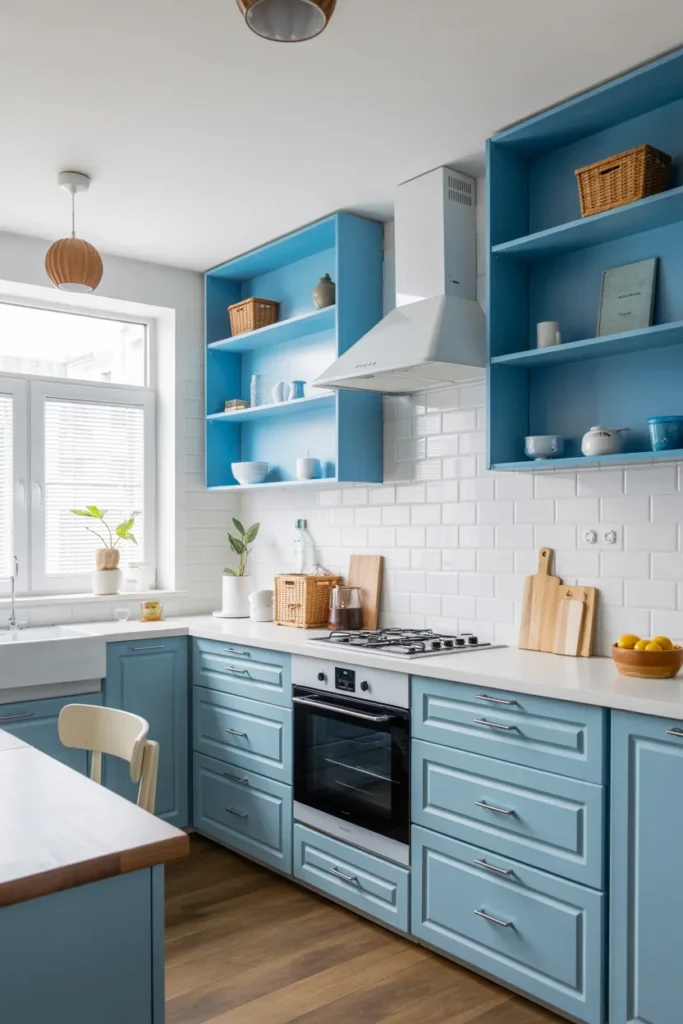 Sky Blue Cabinets with Open Shelving