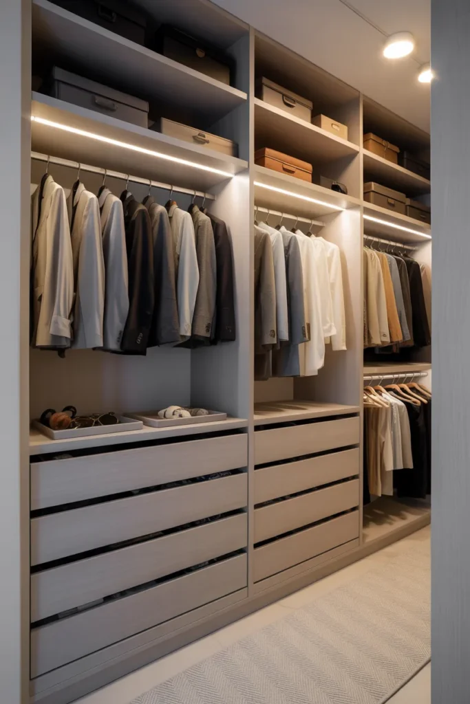 Small Walk-In Closet with Built-In Drawers