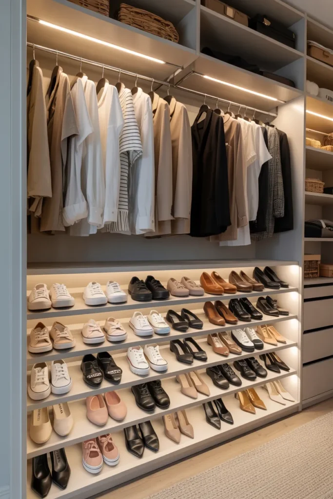 Small Walk-In Closet with Built-In Shoe Rack