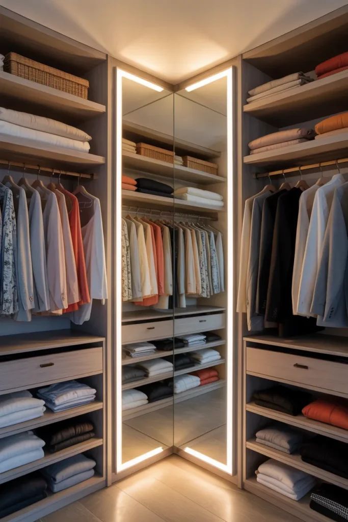 Small Walk-In Closet with Corner Mirror
