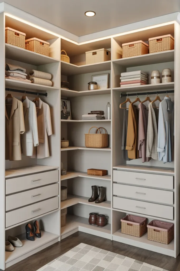Small Walk-In Closet with Corner Shelving