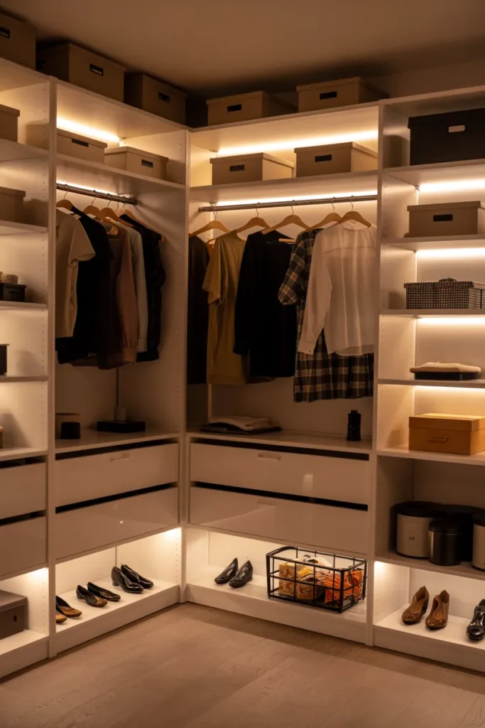 Small Walk-In Closet with LED Shelf Lighting