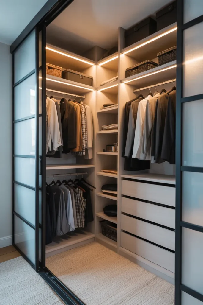 Small Walk-In Closet with Sliding Door Storage