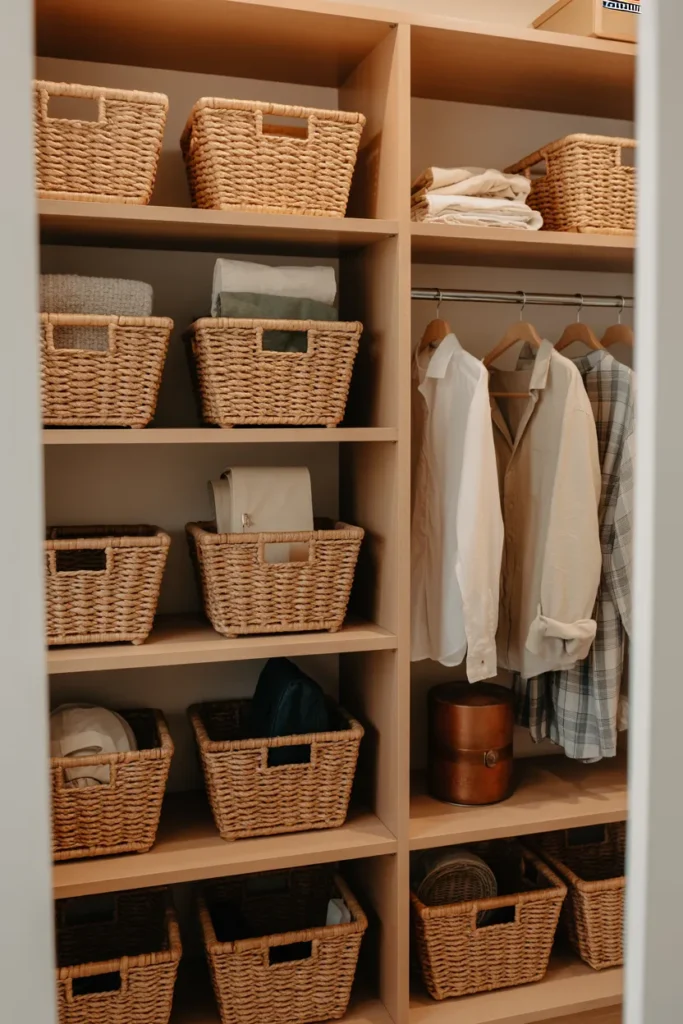 Small Walk-In Closet with Storage Baskets
