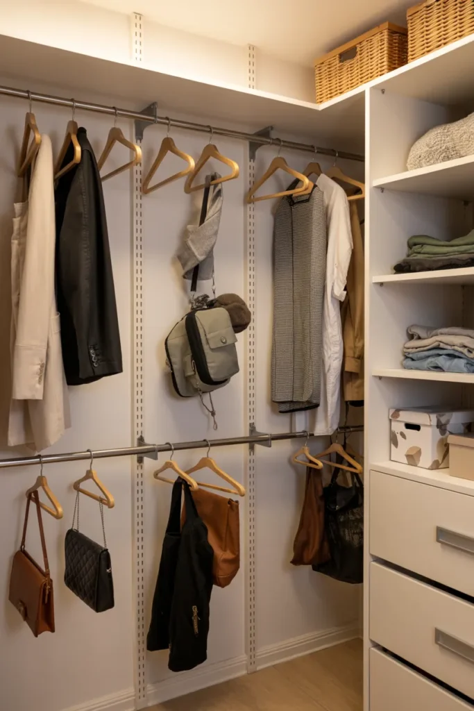 Small Walk-In Closet with Wall Hooks