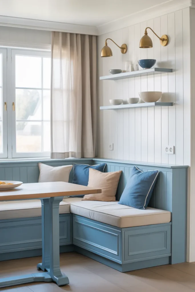 Soft Blue Banquette with Side Cabinet Storage