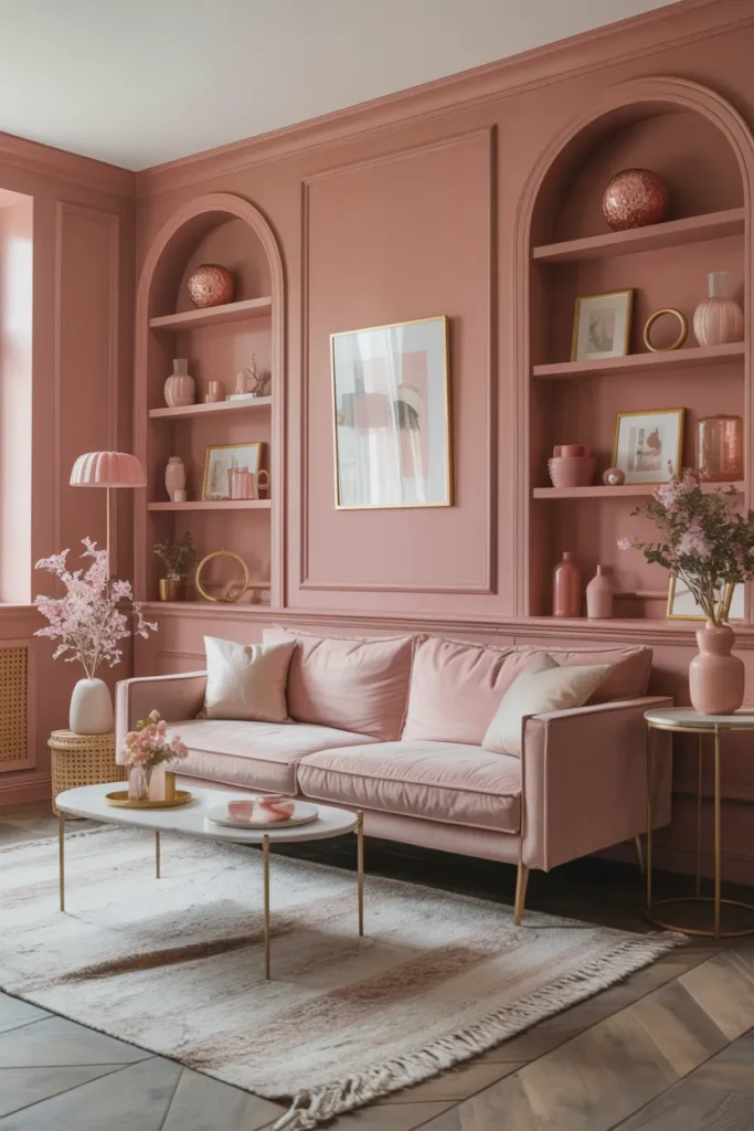 Soft Dusty Rose Color Drenched Living Room