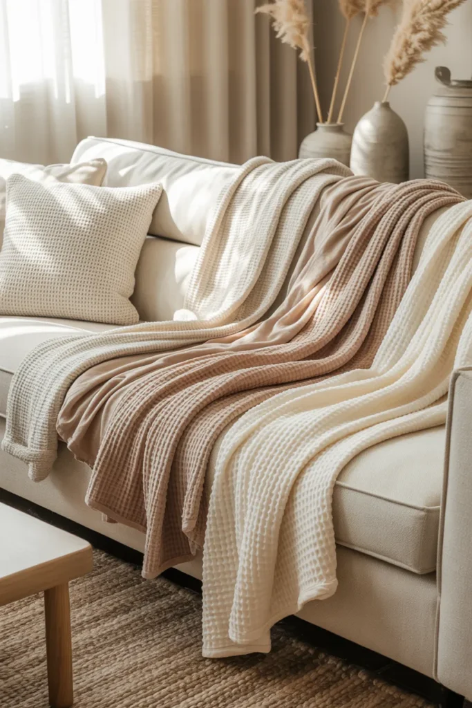 Soft Neutral Living Room with Cozy Throw Blankets