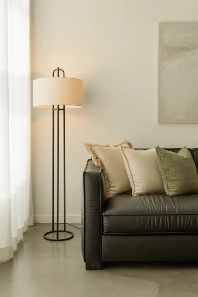 Soft Neutral Living Room with Floor Lamp Lighting