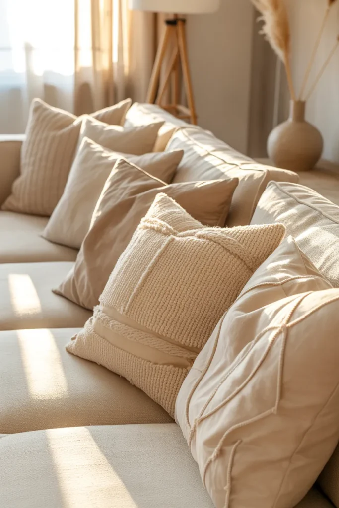 Soft Neutral Living Room with Layered Pillows