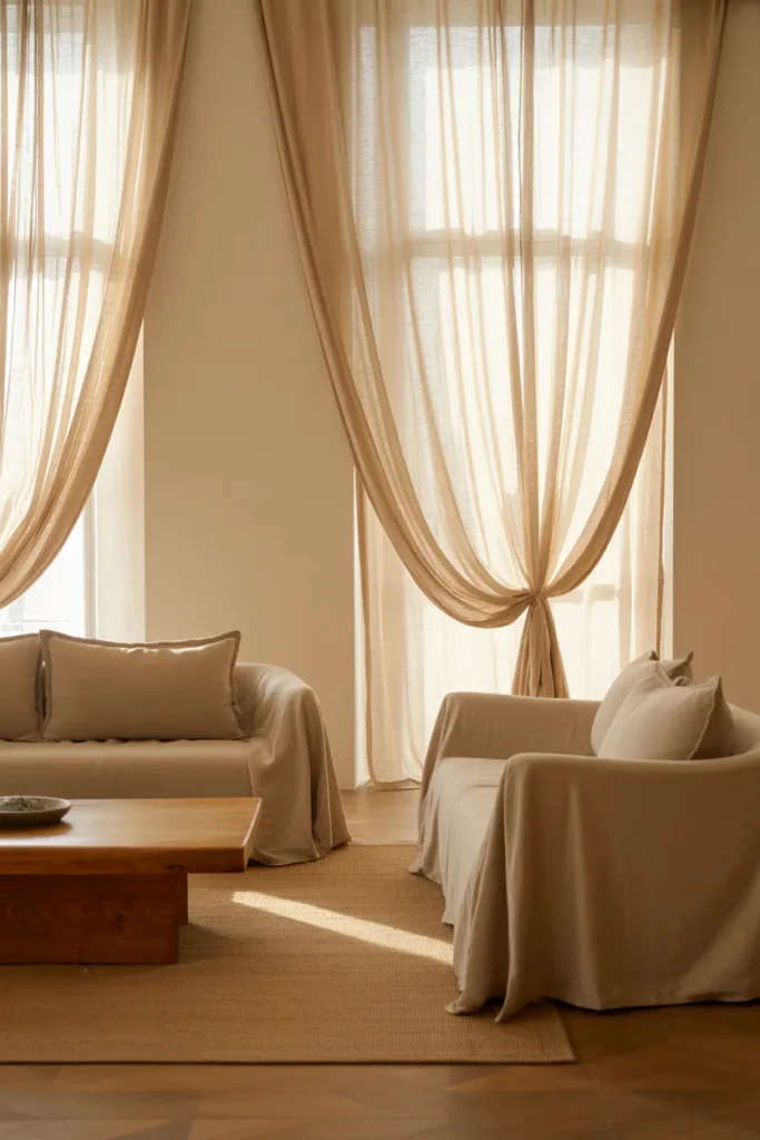 Soft Neutral Living Room with Linen Curtains
