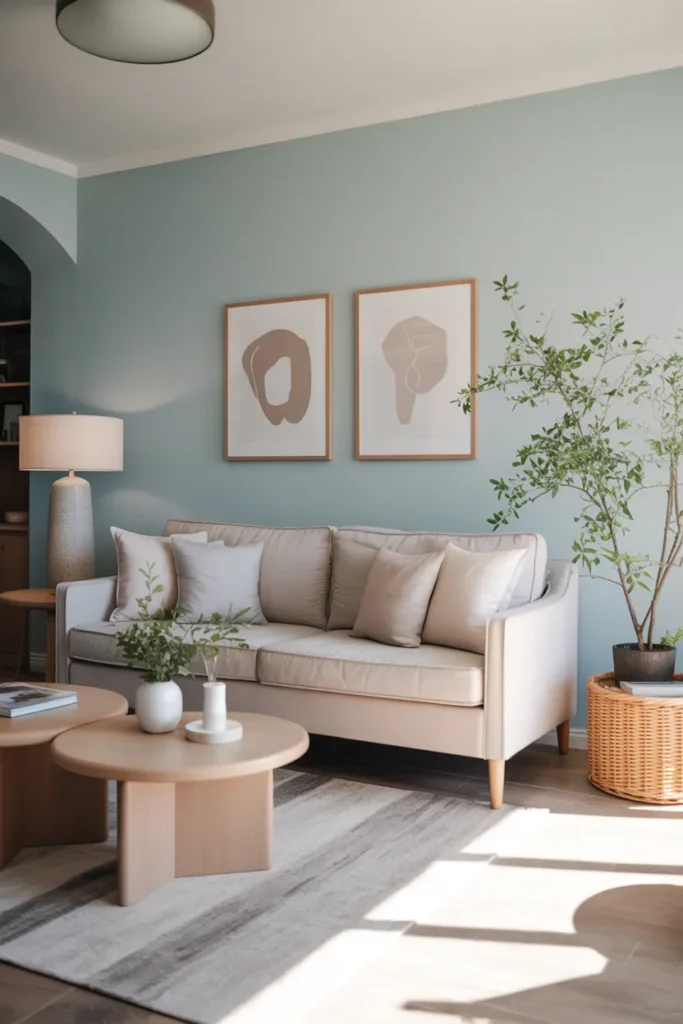 Soft Sky Blue and Light Wood Living Room