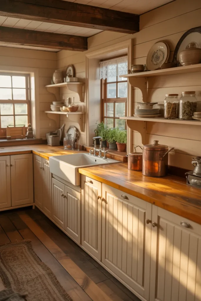Soft White Cottage Kitchen with Wooden Accents