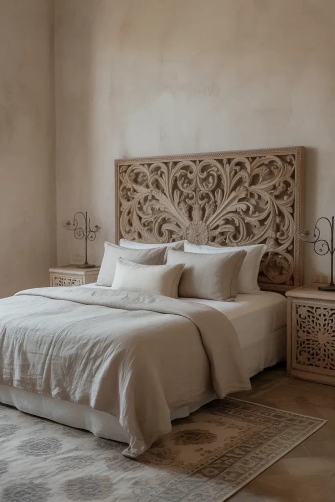 Spanish-Inspired Bedroom with Carved Wood Details