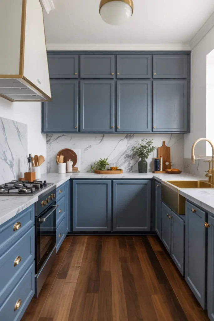 Steel Blue Cabinets with Marble Countertops