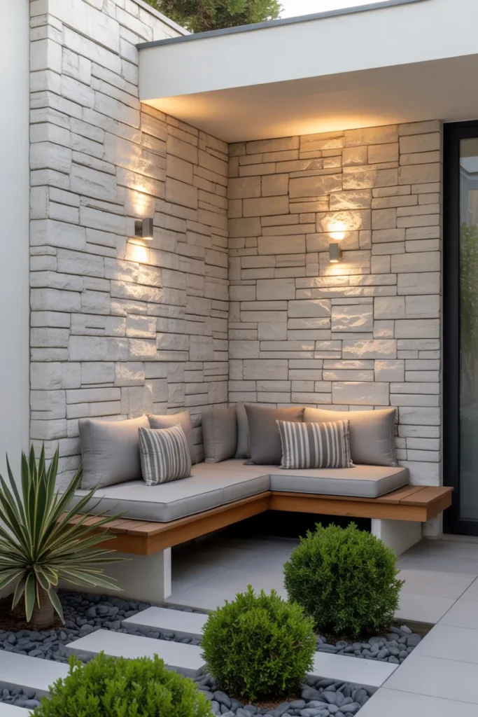Stone Accent Wall with Built-In Bench