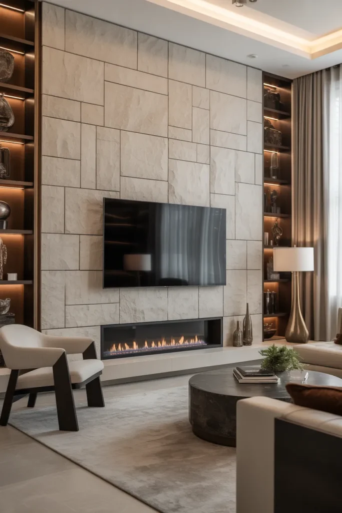 Stone Feature TV Wall with Fireplace