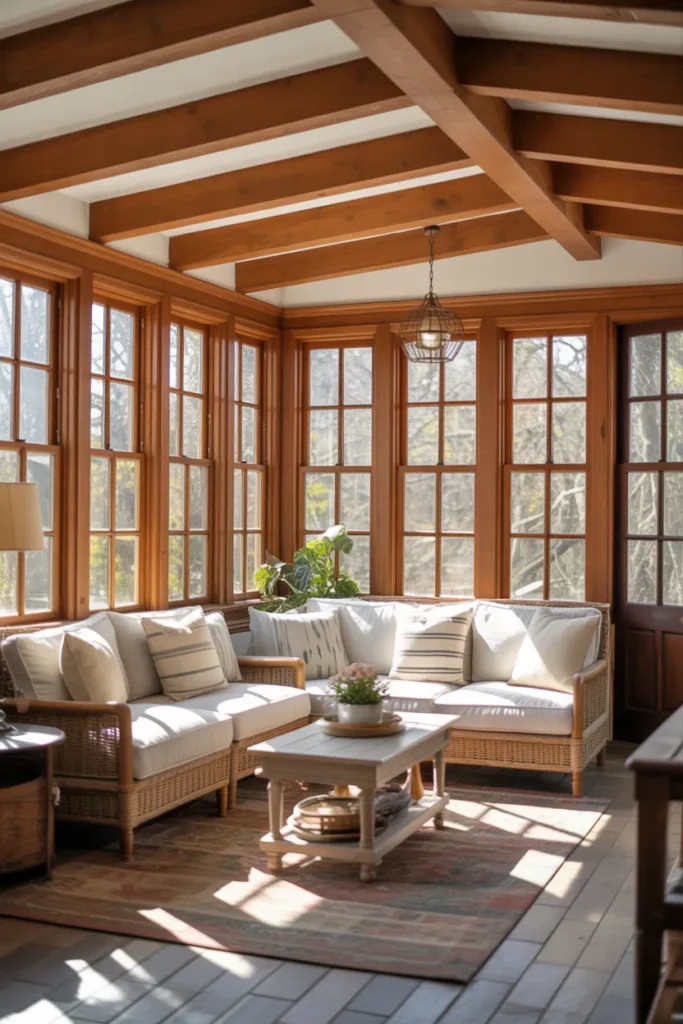 Sunroom Addition with Wooden Ceiling Beams