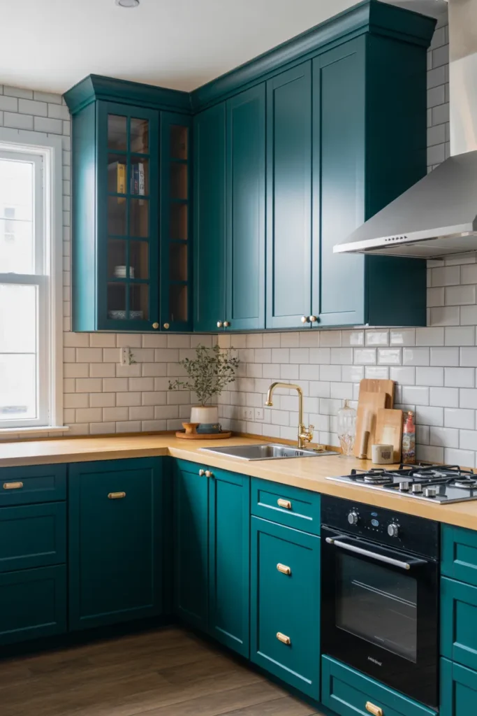 Teal Blue Cabinets with Subway Tile Backsplash