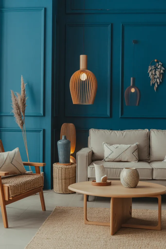 Teal Blue and Natural Wood Living Room