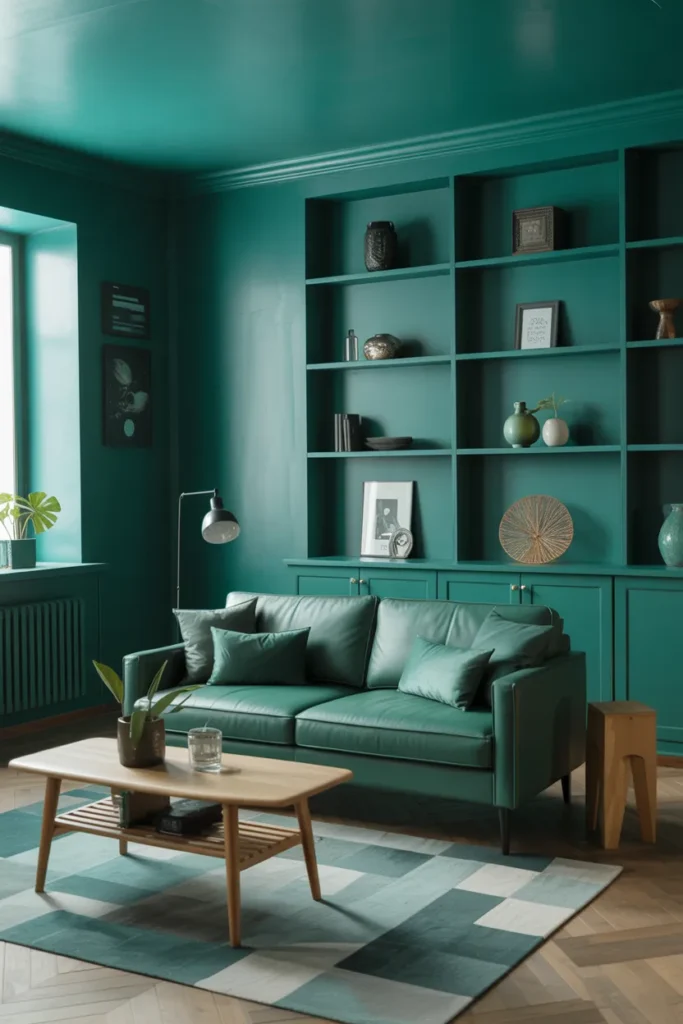 Teal Green Color Drenched Living Room