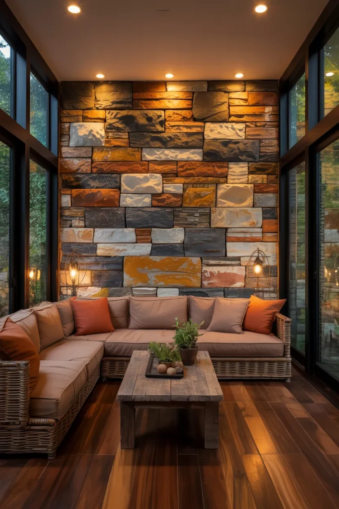 Three Season Room with Stone Accent Wall