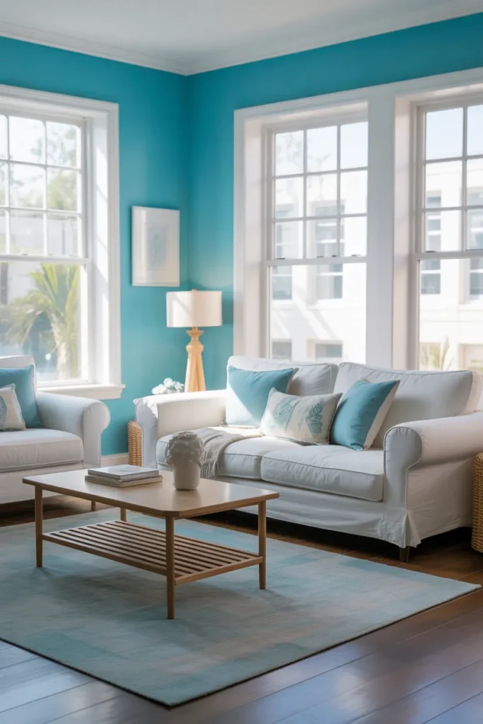 Turquoise Blue and White Living Room