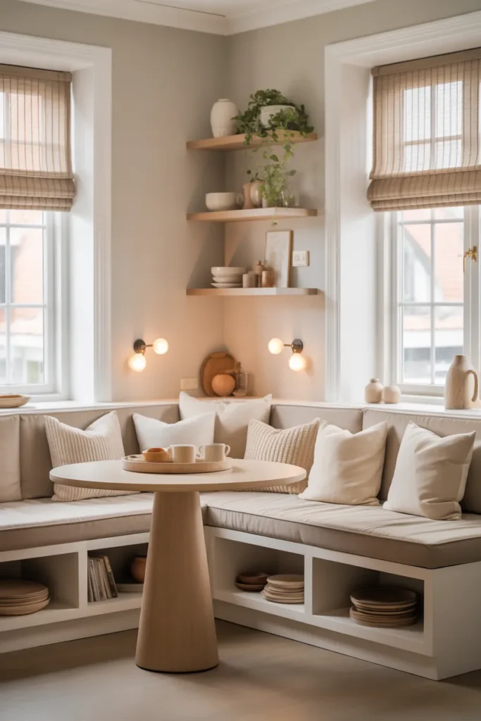 Warm Beige U-Shaped Banquette with Hidden Compartments
